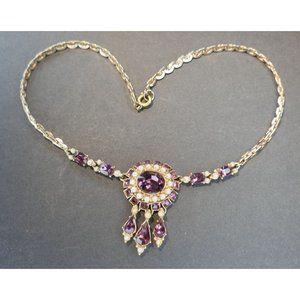 Lovely Vintage Signed Ora Purple Crystal Dangle & Faux Pearl Necklace